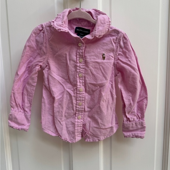 NWOT Ralph Lauren 2T Girls Pink Button Down Shirt with Collared Neckline & Frill - Picture 1 of 6
